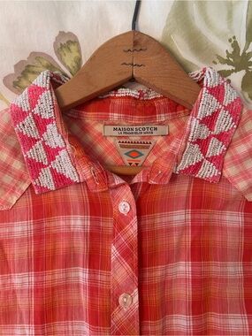 Scotch & Soda Pink and Coral Plaid Shirt with Beaded Collar